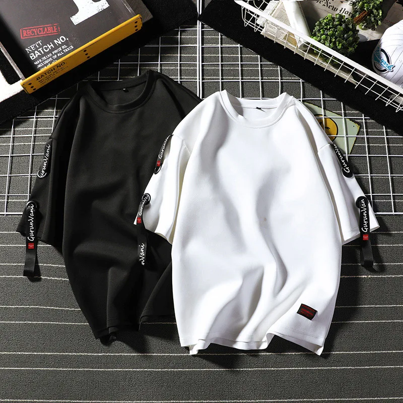 Ribbon T Shirt Men 2019 Summer New Fashion Solid Half Sleeve Men s T Shirts Casual O Neck Hip Hop Tops Tees Male Streetwears 5XL