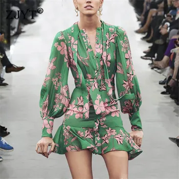 

Fashion Designer Runway Dress Women 2019 Spring Elegant Bow Collar Long Sleeves Floral Print Mini Green Dress Party Vestidos