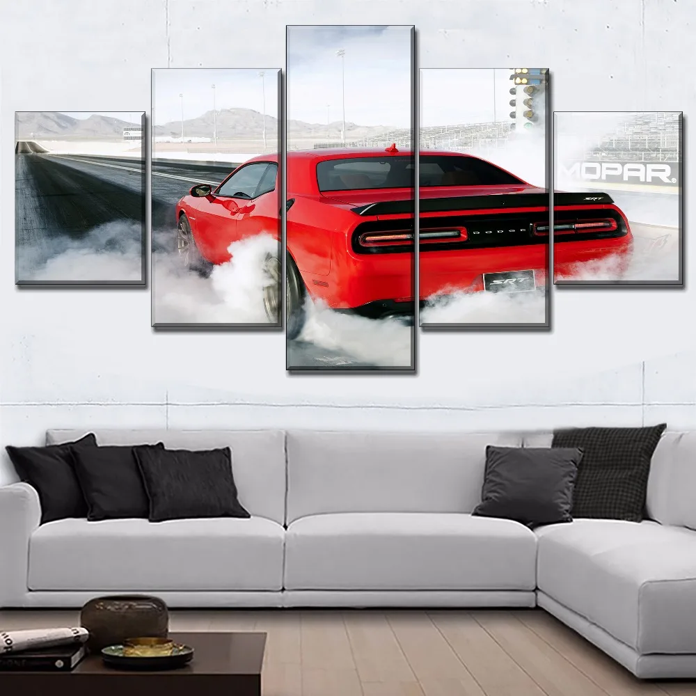 Red Muscle Dodge Challenger Car 5 Pieces Canvas Wall Art Poster Print Home Decor