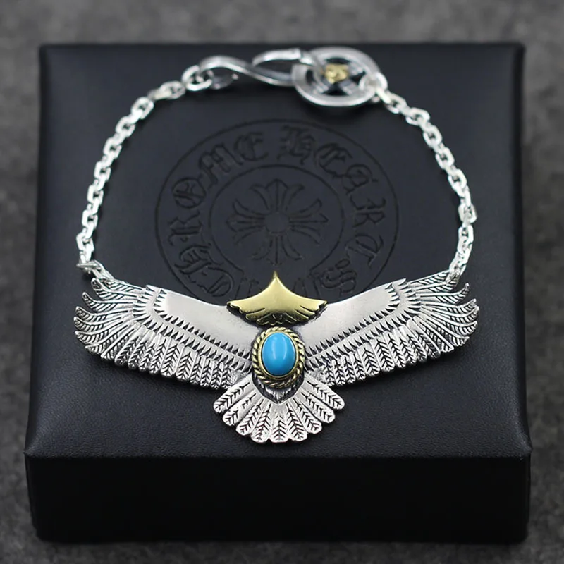 

S925 Sterling Silver Jewelry Eagles Inlay Blue Turquoise Takahashi Goro Men And Women Vintage Style Retro Thai Silver Bracelet