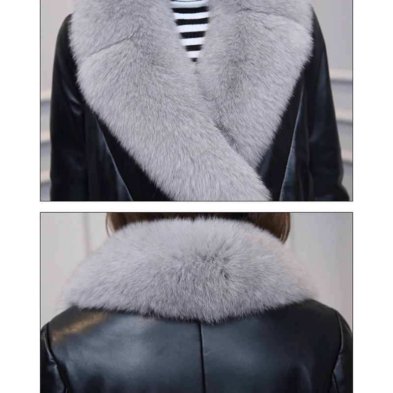 Новое Женское зимнее пальто размера плюс, женские пуховики с меховым воротником из натуральной кожи, черная верхняя одежда из овчины OK1095
