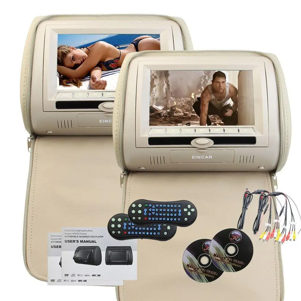 

2 Multimedia Headrest Pillow 7Inch Digital Screen Dual DVD player Pair Twin Monitors FM Transmitter 32 bt Car Entertainment Game