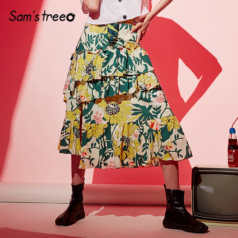 Samstree النساء ألف خط تول التنانير الصيف 2019 خمر خليط طويل تنورة منتصف العجل فام مطاطا الخصر مخطط تنورة قيعان