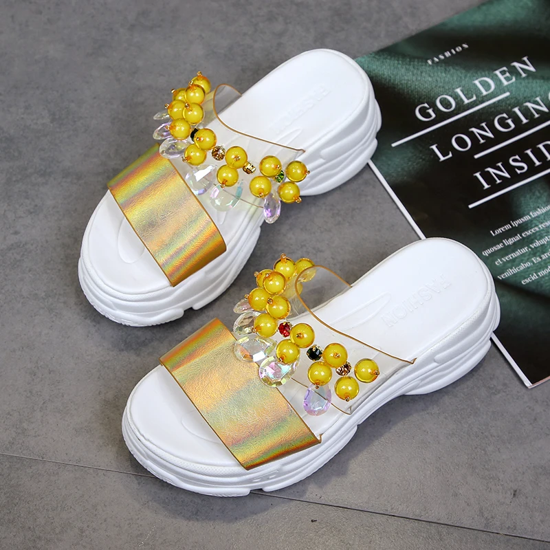 

5cm Summer Platform Slippers Women 2019 Open Toe Pearl String Bead Pvc Transparent Upper Slide Thick Sole Slippers Beach Shoes