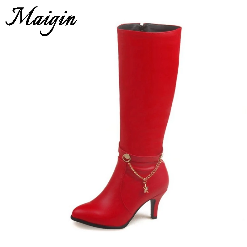 Maigin 2018 Knee High Boots Women Pointed Toe High Heels Ladies Shoes Fashion Big Size 34-43 Warm Red Shoes Women Winter Boots