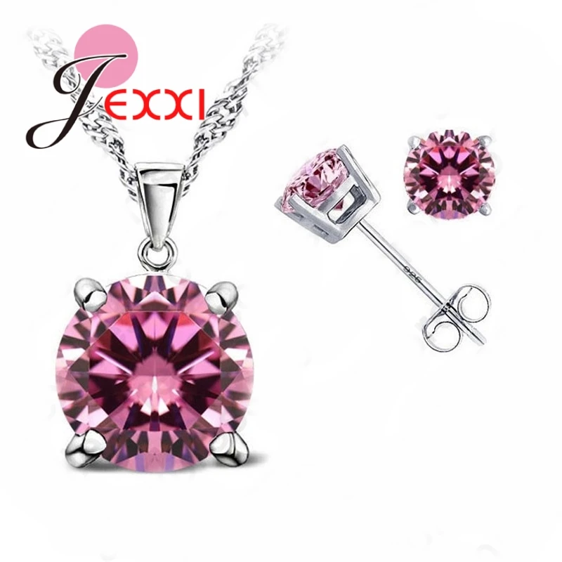 Classic Jewelry 4 Claws Cubic Zirconia 925 Sterling Silver Jewelry Sets Stud Earring Pendant Necklace 8 Colors