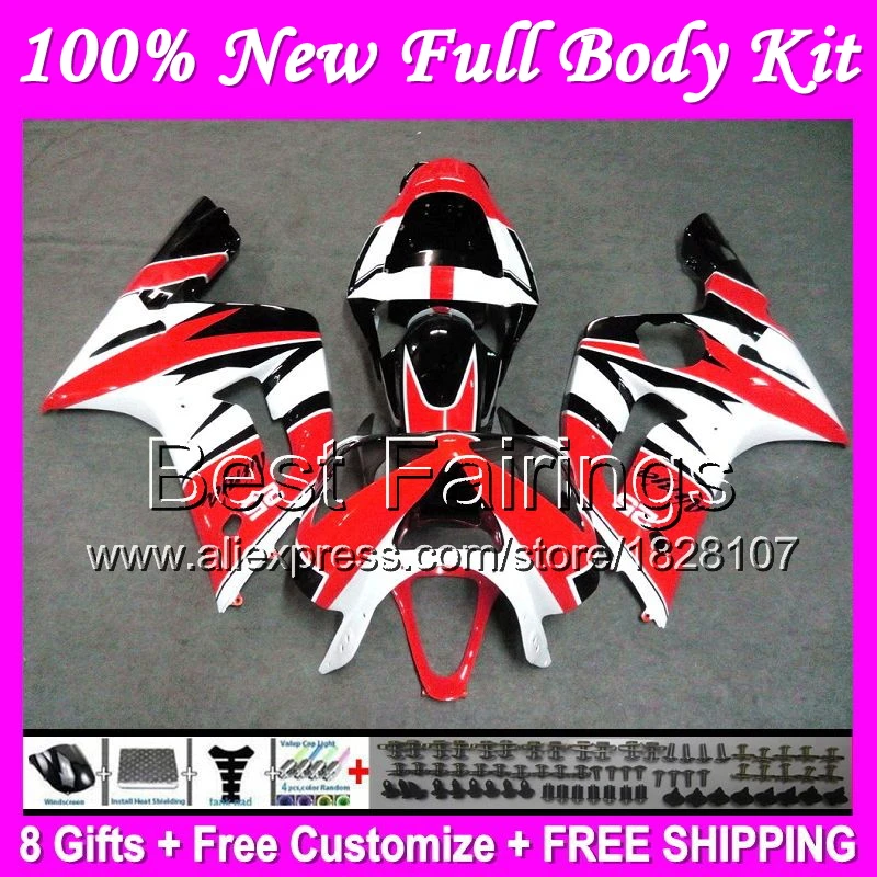 

Fairing For KAWASAKI NINJA 03-04 ZX-6R 03 04 Red white black ZX 6 R B118 ZX 6R Red black 636 2003 2004 ZX6R ZX636 +Decals