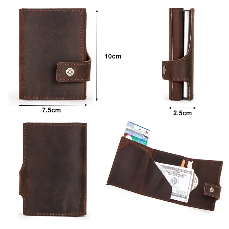 Online Cartera de hombre de cuero Crazy Horse de contacto con bloqueo RFID titular de la tarjeta de crédito caja de aluminio automático pop up monedero DE SEGURIDAD DE NEGOCIOS