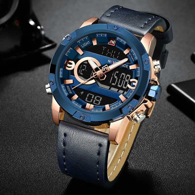 Preise NAVIFORCE Männer Sport Uhren Männlichen Top Luxus Marke Quarz Digitale Uhr Mann Wasserdichte Leder Armee Armbanduhr Relogio Masculino