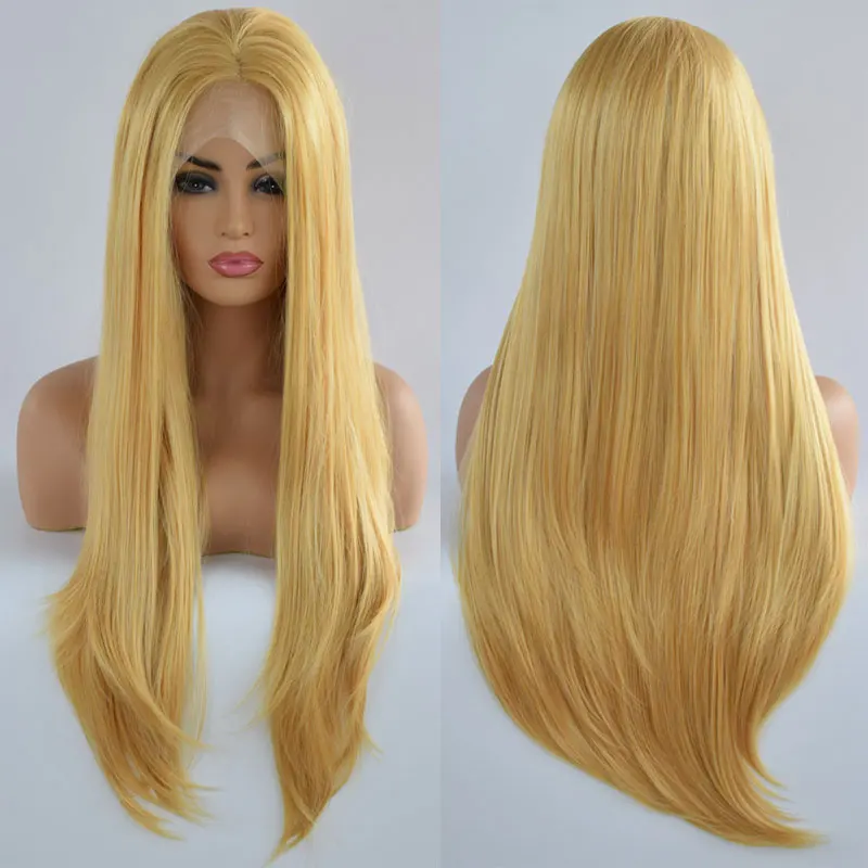 Bombshell микс желтый Длинные трендовые прямые Половина ручной работы синтетический парик фронта шнурка Безглютеновые термостойкие волокна волос для женщин