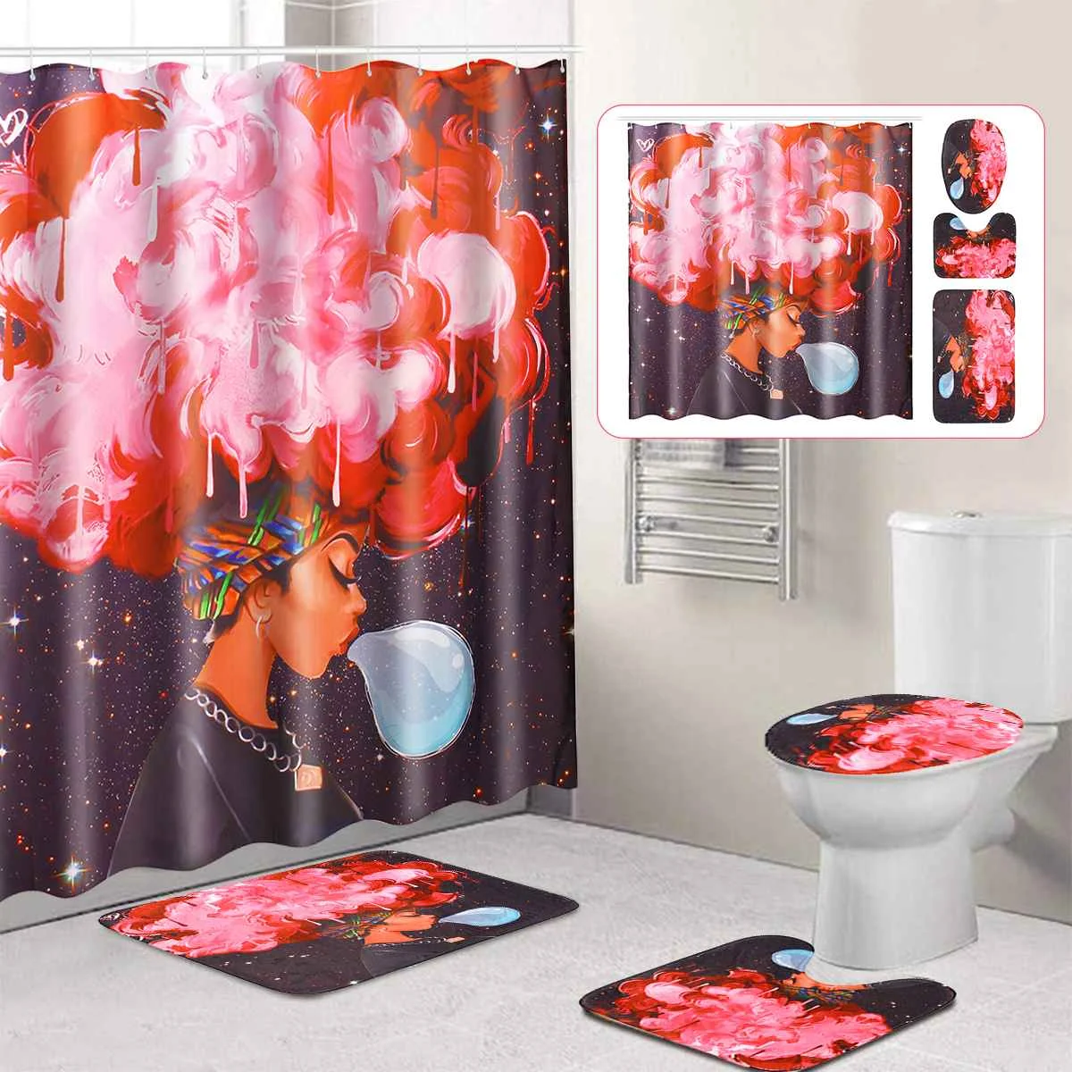 

4Pcs African Woman Shower Curtain Bath Mat Toilet Pad Set Pattern Anti-slip Toilet Pattern Carpet Bath Mat Bathroom Curtains