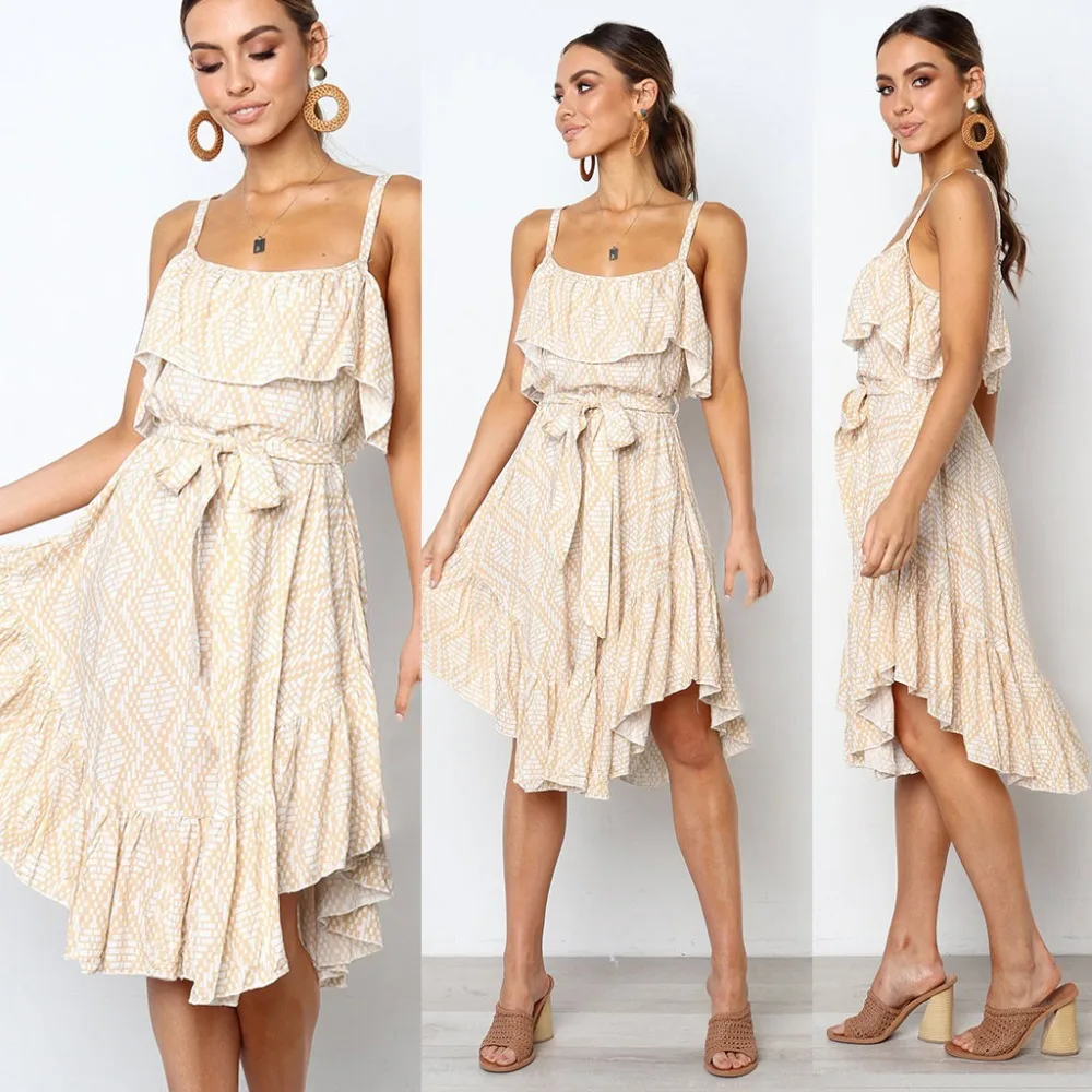 

Women Dress 2019 Summer Sexy Printing Ruffles Off Shoulder Sleeveless Dress Boho Style Party Beach Dresses Vestidos de fiesta
