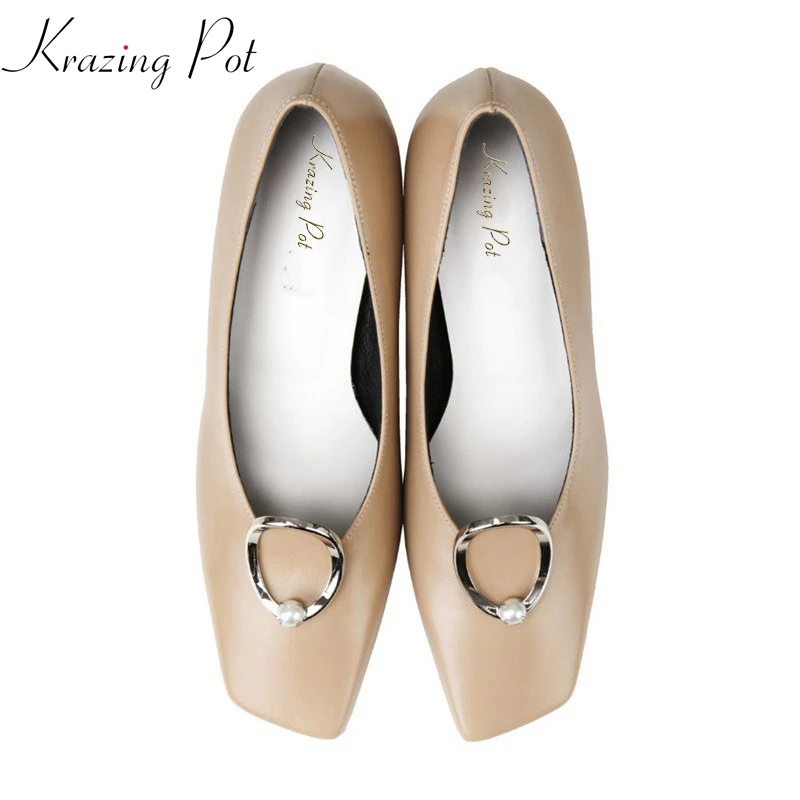 

Krazing Pot 2019 new cow leather square toe metal pearl fasteners runway high heel Autumn leisure British school woman pumps L61