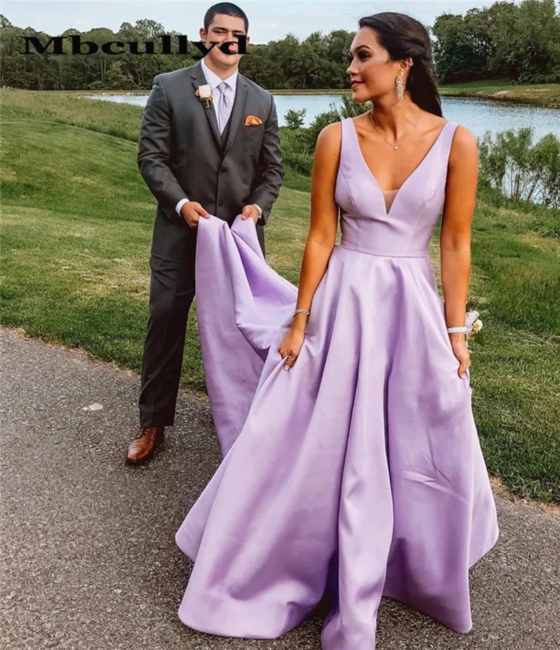 Mbcullyd A-Line атласные длинные вечерние платья для выпускного вечера с карманом