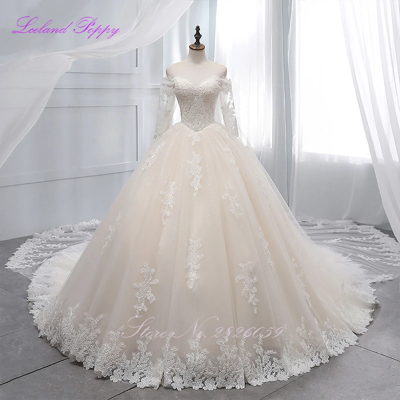 

New Arrival Women's Off Shoulder Ball Gown Wedding Dress 3/4 Sleeves Lace Appliques Emepire Waist Vestido de Novia Bridal Gowns