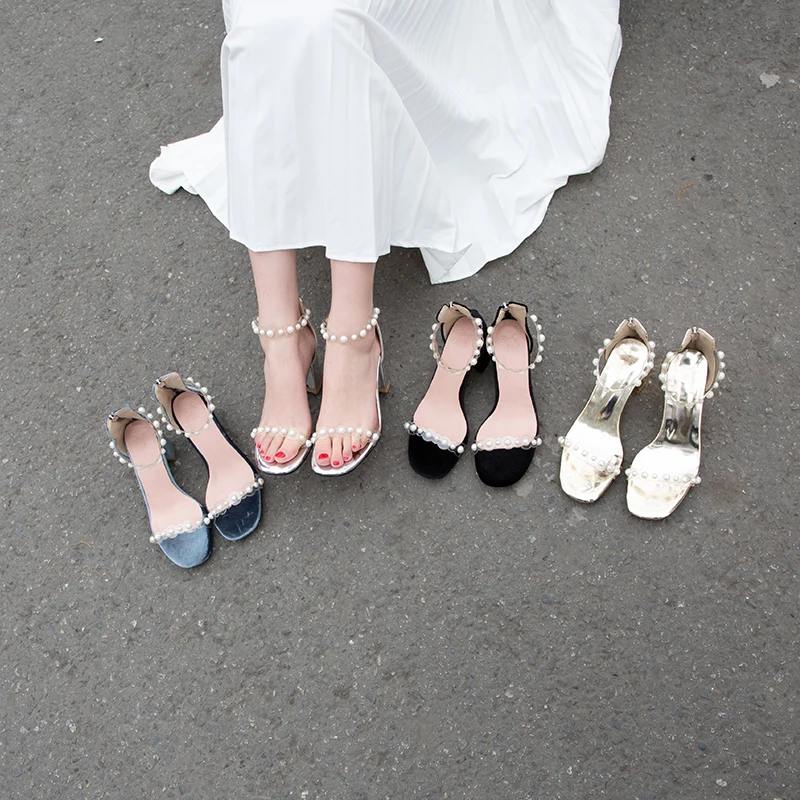 Туфли с широко открытым носком сандалии для женщин с жемчугом на высоком каблуке с открытым носком; сандалии для женщин шлепанцы со стразами; дамские сандалии по щиколотку на высоком f282