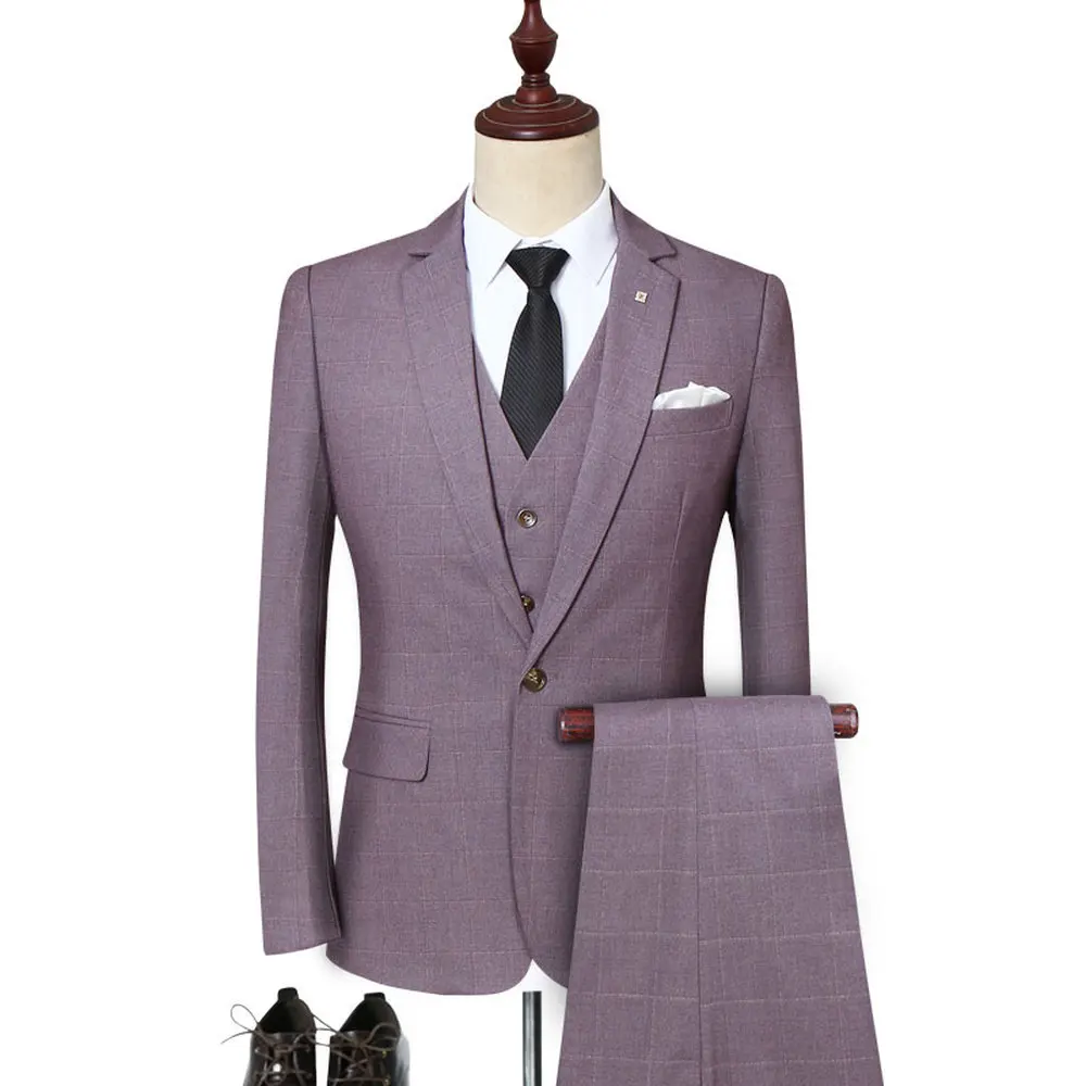

High Quality Men's Long-sleeved Plaid Suit Jackets with Vests and Trousers Large Size 5XL Business Wedding Male Tuxedos Suit Set