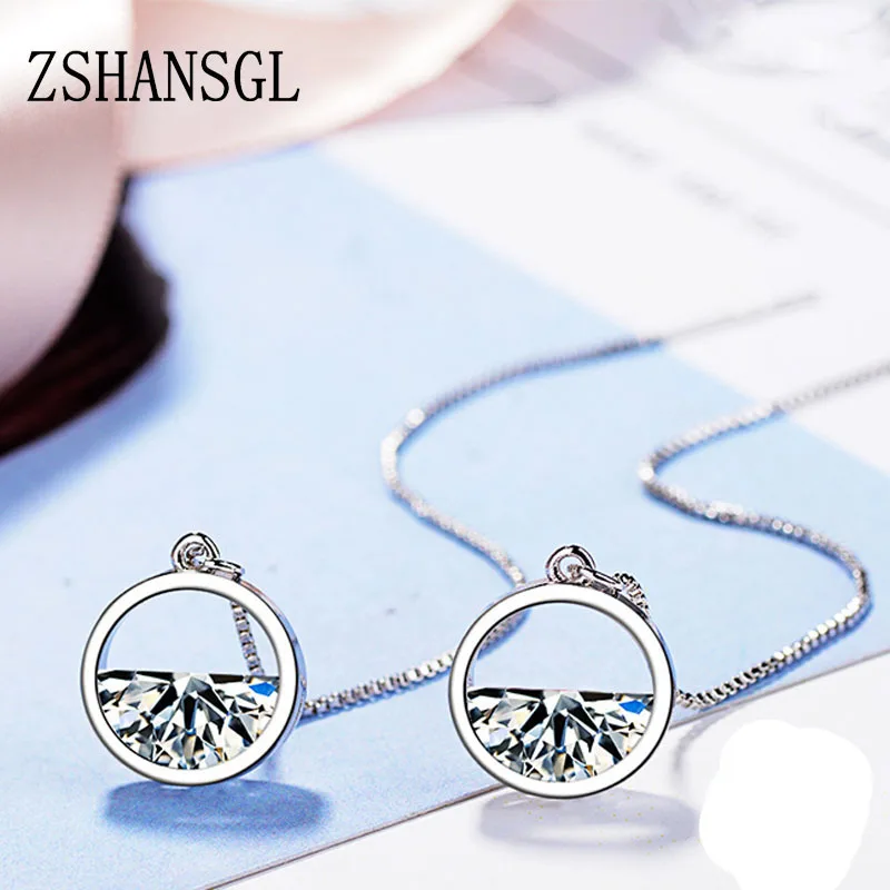 

925 Sterling Silver Dazzling Circle Round Cut CZ Zircon Charm Earrings For Women Long Tassel Earrings Ear Line pendientes