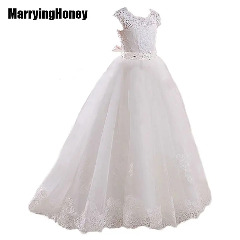 

Lace Tulle White Flower Girl Dresses for Weddings Belt Bow Girls Pageant Dresses First Communion Dresses Kids Brithday Evening