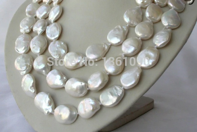 

00606 stunning 3rows big baroque white freshwater pearl necklace mabe clasp