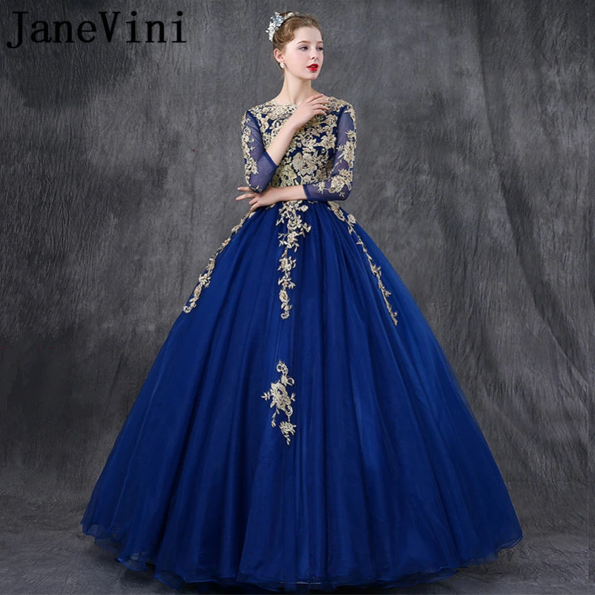 Janevini Robe De Demoiselle D Honneur Bleu Royal Avec Manches Robe De Bal En Dentelle Doree Avec Des Appliques De Perles Robes De Soiree De Spectacle Pour Filles Aliexpress