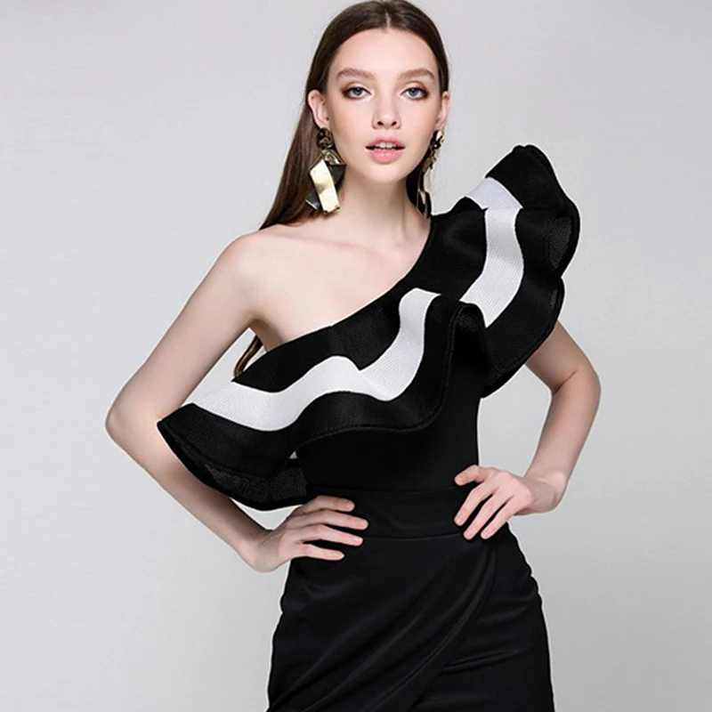 Sexy Bodysuit Women Ruffle Jumpsuit Sleeveless 2 Colors Patchwork Elastic Fabric Backless Slim Body Top Body : image Sexy Bodysuit Women Ruffle Jumpsuit Sleeveless 2 Colors Patchwork Elastic Fabric Backless Slim Body Top Body