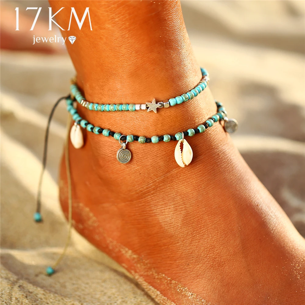 

17KM 2PCS Bohemian Star Beads Anklets For Women Vintage Adjustable Anklet Bracelet on Leg Beach Handmade Foot Jewelry 2019 New