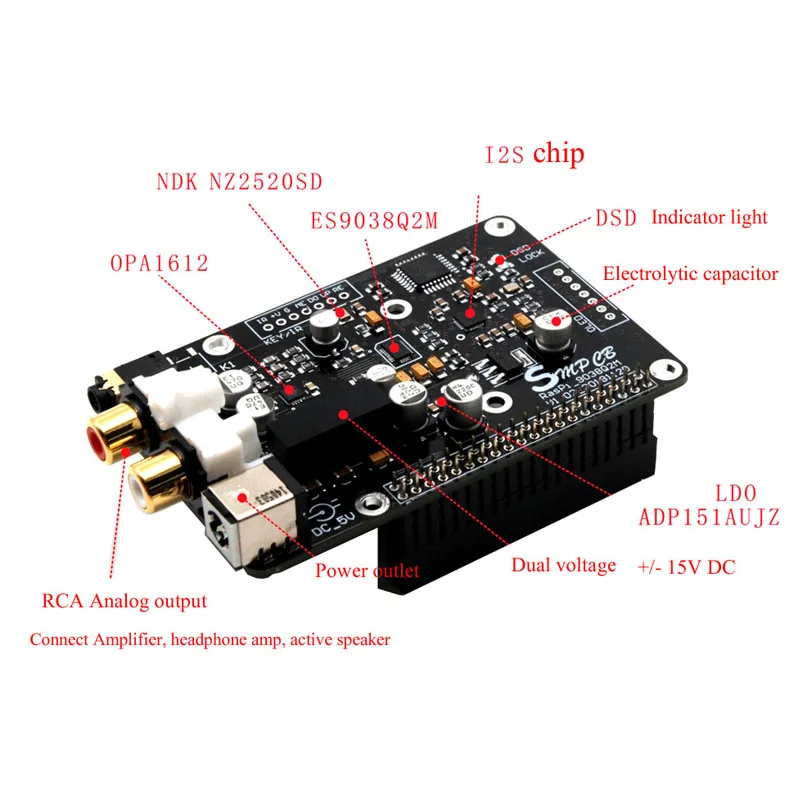 ES9038q2m OPA1612 Op декодер цифровой вещательной платы ies 32bit/384K DSD128 для Raspberry pi 2B 3B 3B+ DAC G3-001