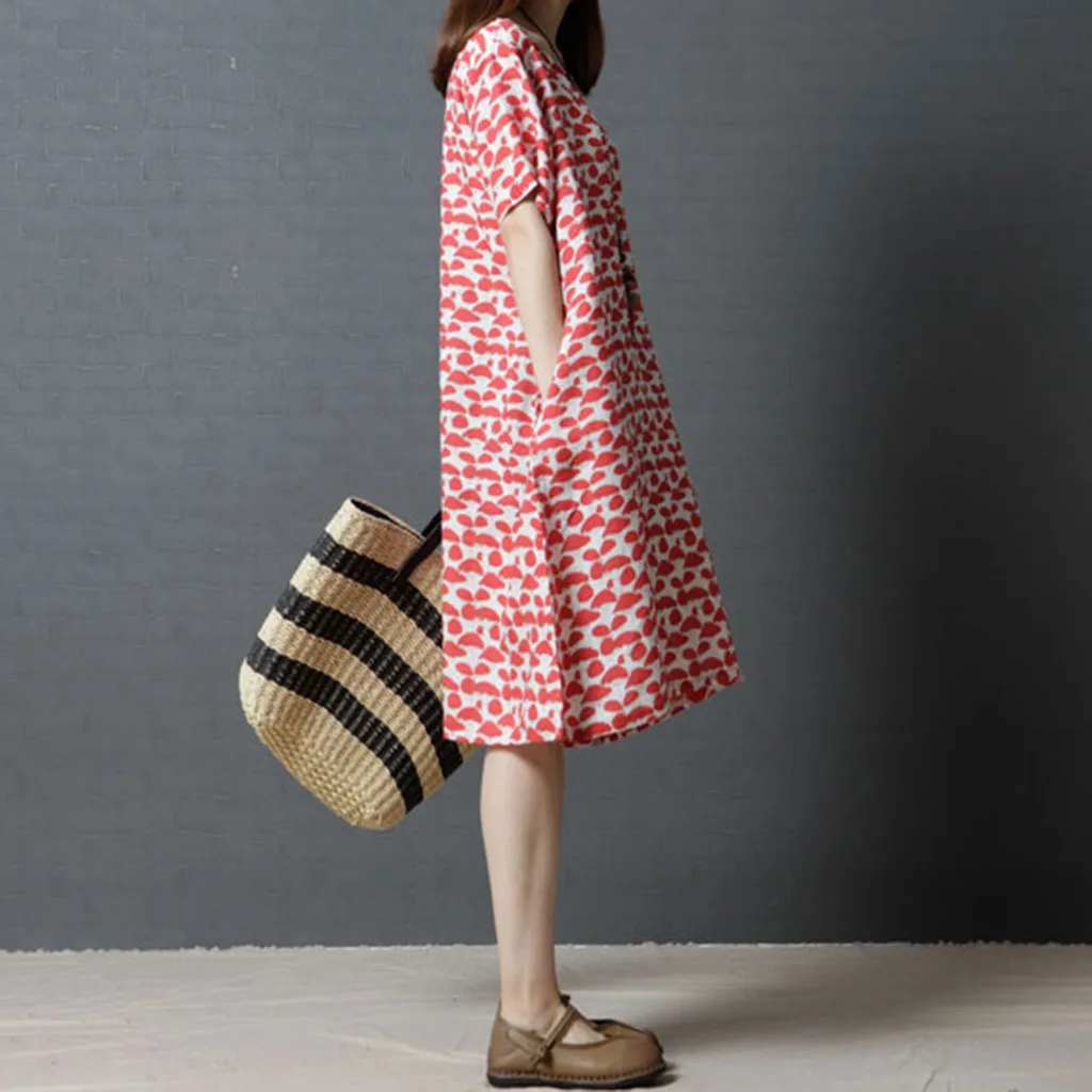 

Women Summer Dress Boho Style Floral Print Women Vintage Printed Party Short Sleeve O-Neck Knee-Length Casual Mid DressY515