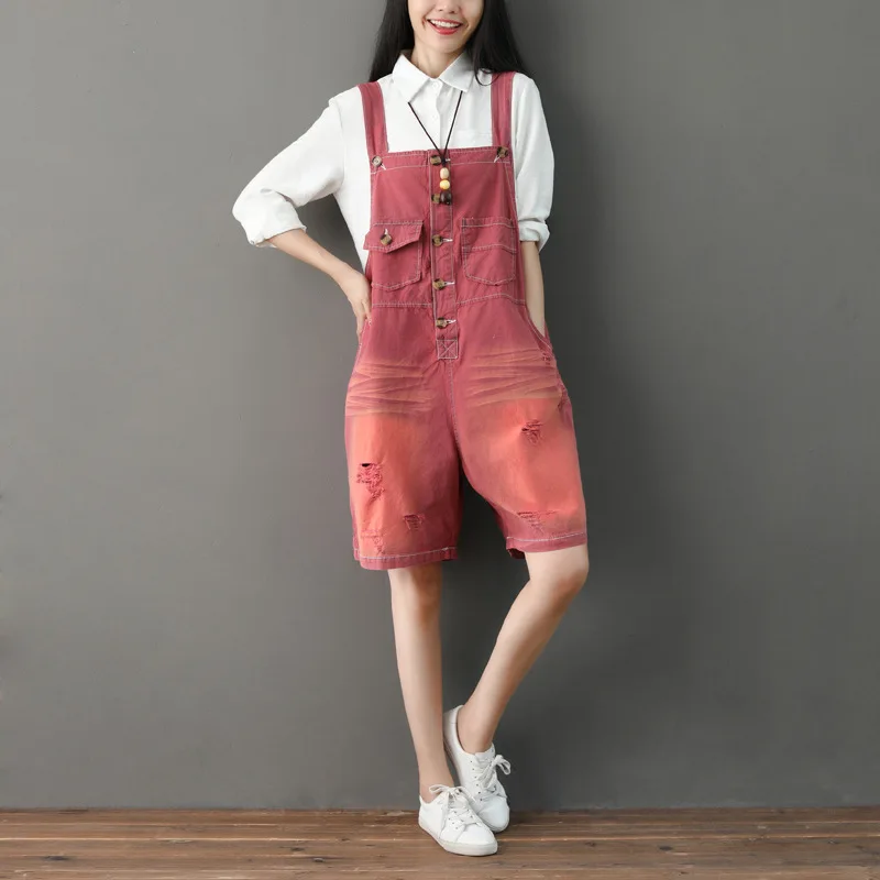 

Women Holes Ripped Denim Jumpsuit Playsuits Ladies Vintage Scratched Buttons Red Short Jeans Romper Thin Summer Playsuits