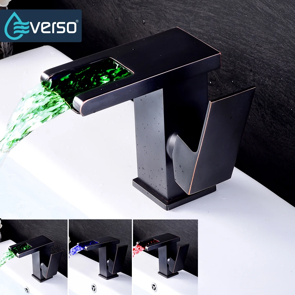 EVERSO Black LED Faucet Waterfall Basin Sink Faucet Chrome Single