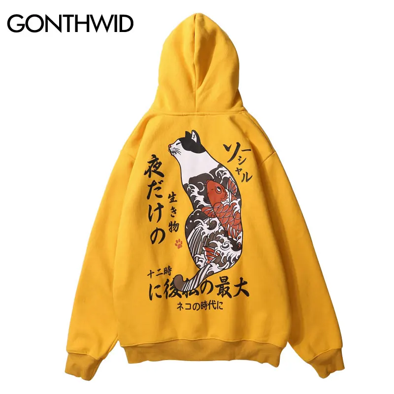 GONTHWID Japanese Ukiyo Cat Printed Fleece Hoodies Mens 2018 Hip Hop