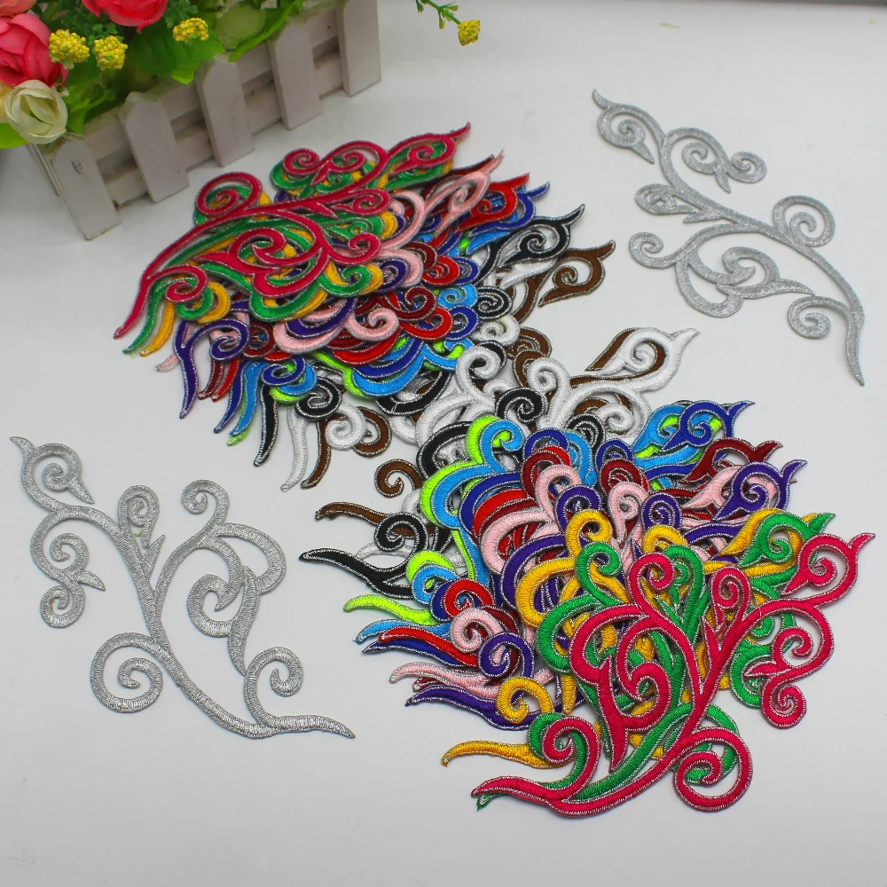 

YACKALASI 5 Pairs/Lot Gold Flower Appliqued Mirror Pair Embroidered Patches Iron on Cosplay Lace Trims Silver 18cm*9CM