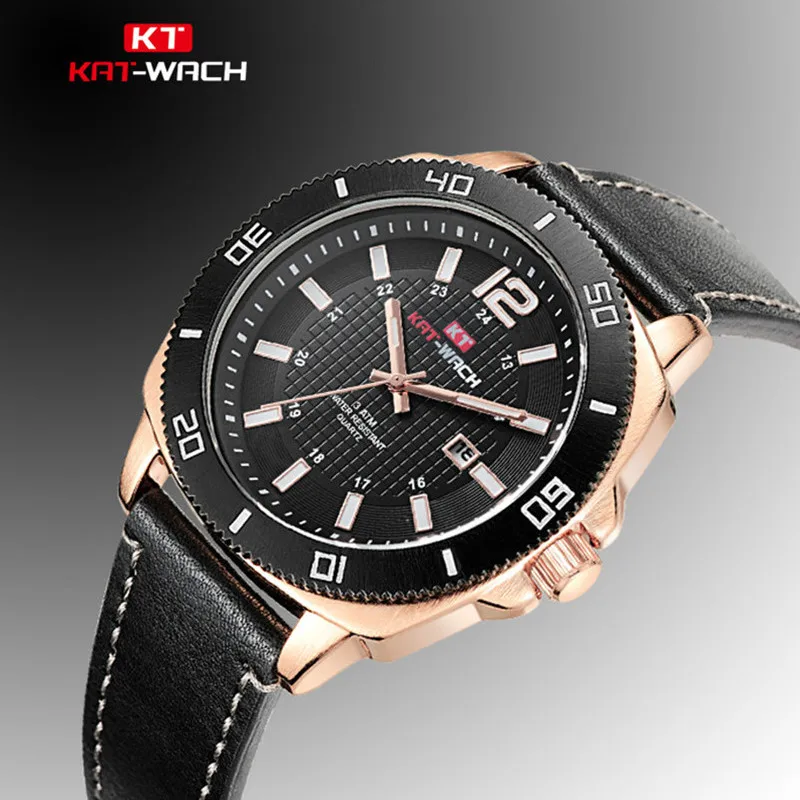 

KAT-WACH Leather Strap Watch Men Calendar Function Black Bezel Rose Gold Watch Case 3ATM Water Resistant New Coming Male Watch