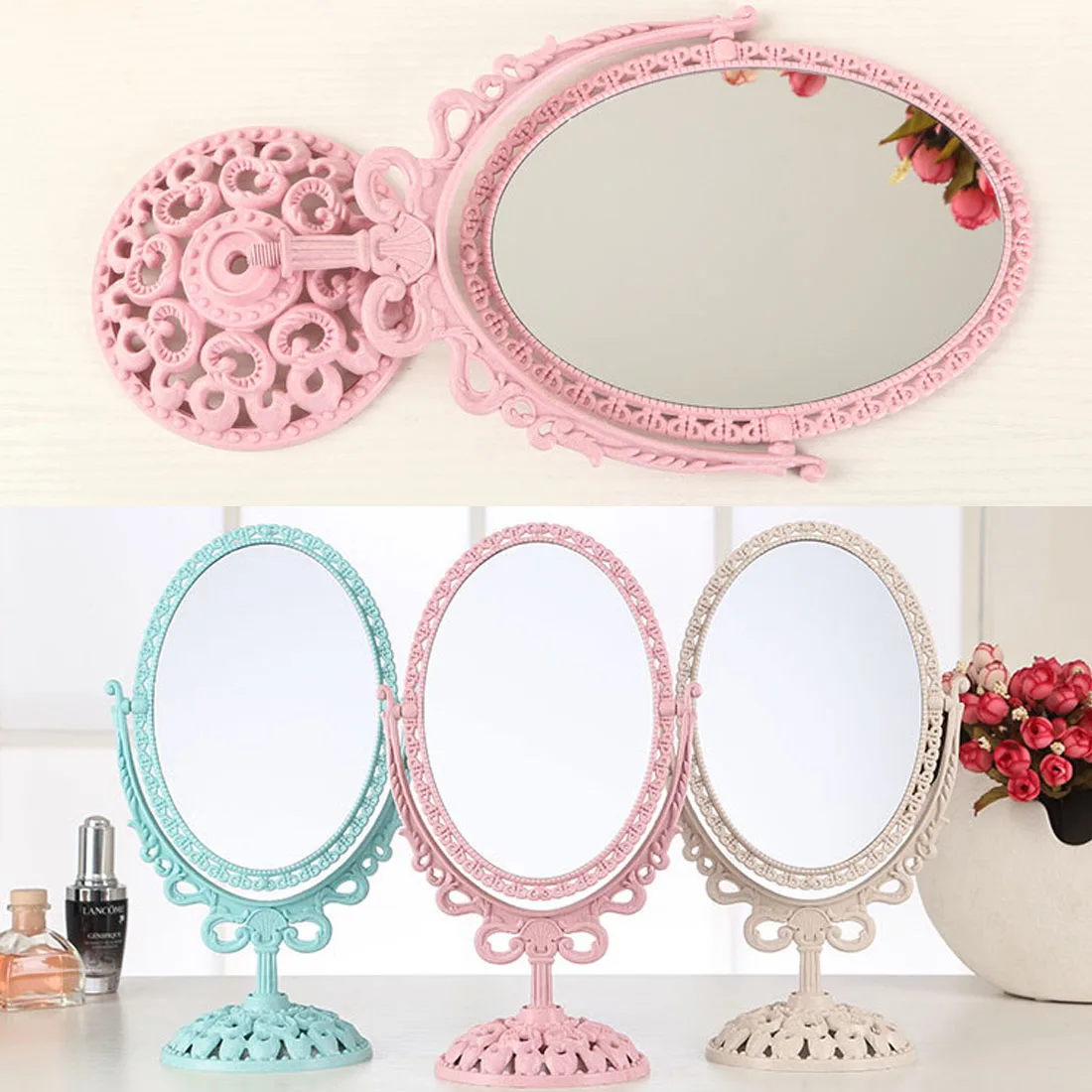 

Nano Vintage Flower-caved European Double-sided Makeup Mirror Desktop Dressing Mirror 360 Degree Rotatable Practical Mirro
