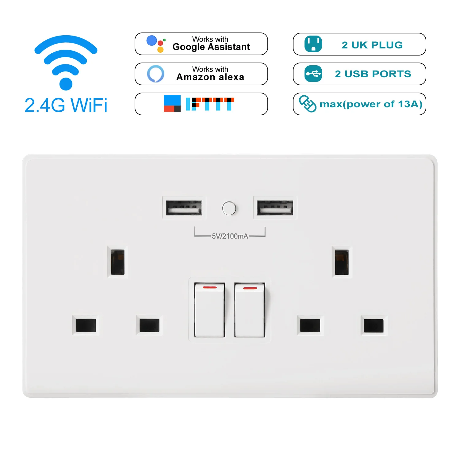 

WIFI Smart Socket Intelligent With 2 USB Port UK Plug Compatible With IFTTT Alexa Google Home Phone Smart Life APP Control