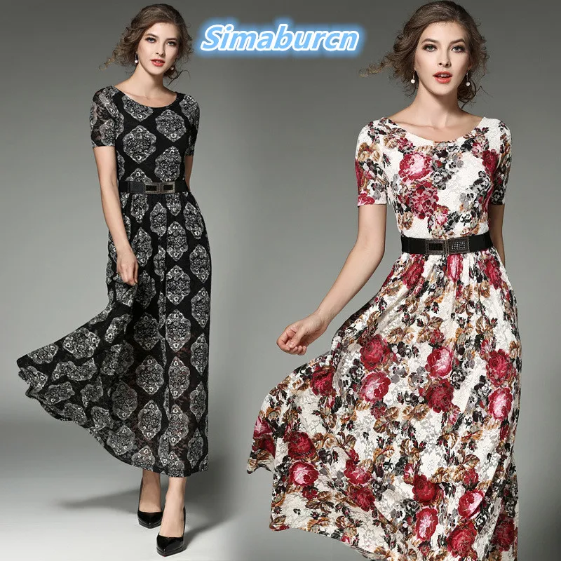 Goedkoop Hoge Kwaliteit Nieuwe Collectie Fashion Gedrukt Kant Jurken Vrouwen O hals Korte Mouw Lange Jurk Vrouwelijke Bohemian Lente Plus Kleding