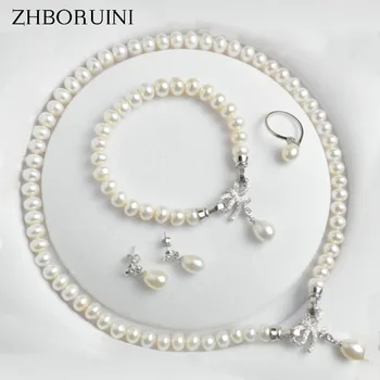 

SHDIYAYUN Pearl Jewelry Sets Natural Freshwater 925 Sterling Silver Jewelry Bow Pearl Necklace Earrings Bracelet For Women Gift