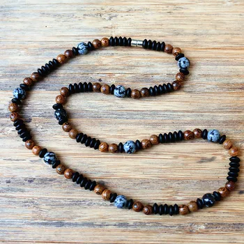 Black Men's Stone Beads & wood beads Magnetic Clasps Necklace