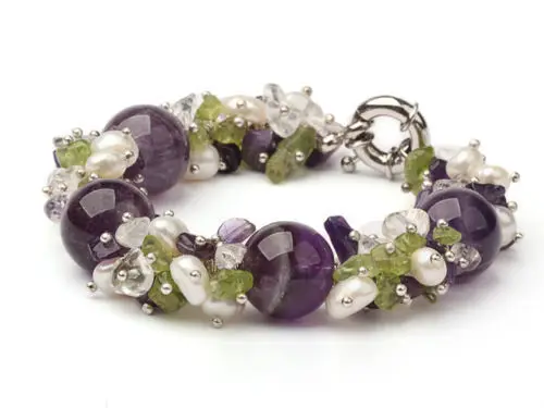 Chunky purple Crystal STONE, Crystal, Peridot and FreshWater Pearl Bracelet