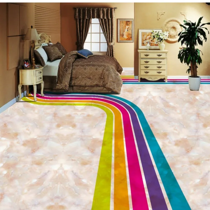 

Free Shipping Multicolored lines living room bathroom 3D floor painting Self-adhesive hotel hall corridor mural wallpaper