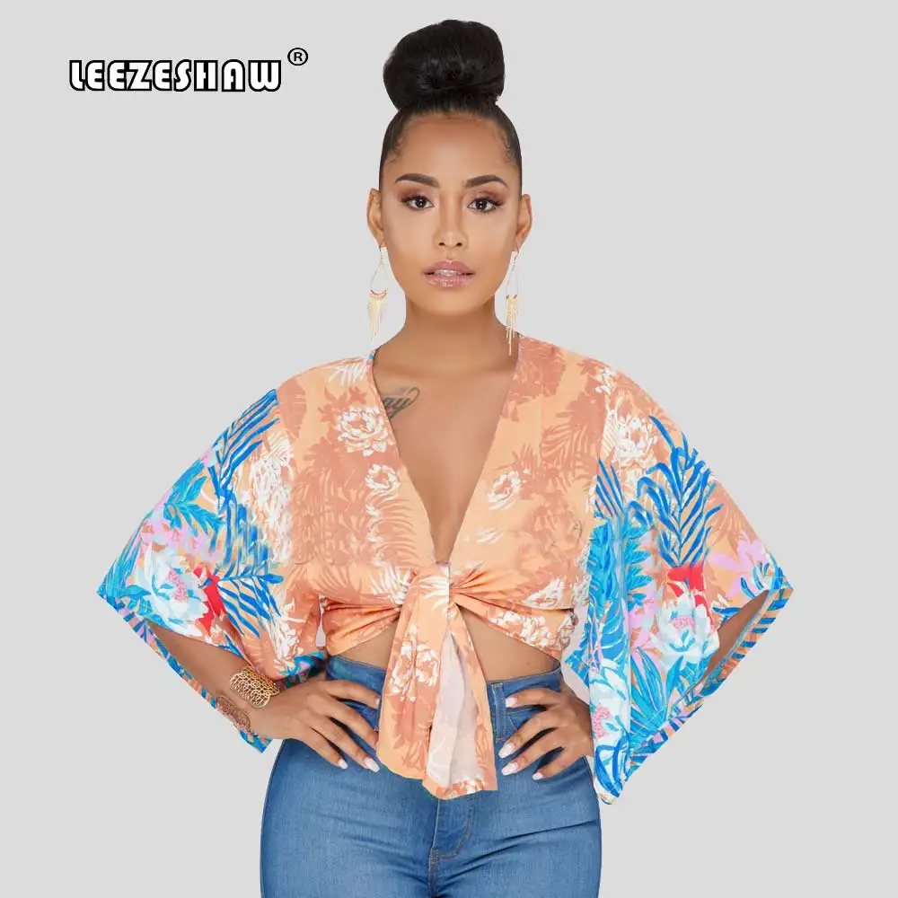 Download Leezeshaw Women Shorts Tops Leaf Printed Batwing Sleeve ...