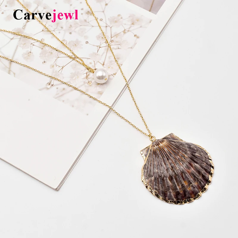 

Carvejewl 2 row shell pendant long necklace metal thin chain multi layer pearl 2019 summer new Korean necklace for women jewelry