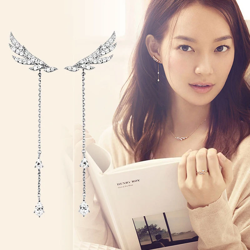 

DIEERLAN Korean Trendy 925 Sterling Silver Long Angel Wing Earrings for Women Wedding Statement Jewelry Brincos Pendientes