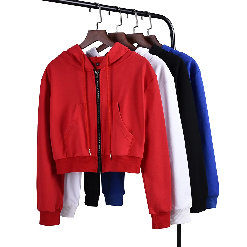 Autumn women long sleeve cropped hoodie zipper Zip-up sweatshirt Fashion streetwear black red blue crop top hoodie coat hoodies