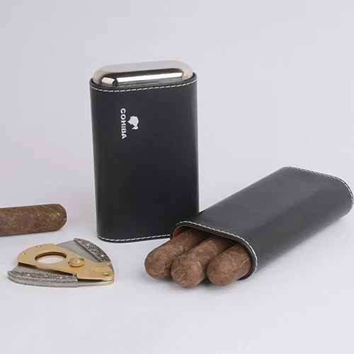 COHIBA кожаный 3 пальца с внутренней отделкой из кедра портсигар чехол с серебряной прошитой деталью - Цвет: Silver logo