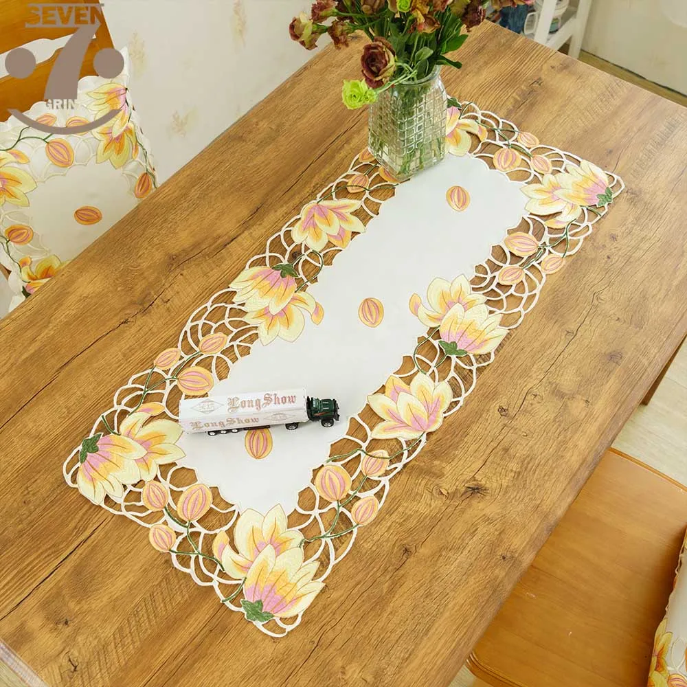 

Free Shipping Yellow Colour Tulip Satin Fabric Embroidered Table Runner