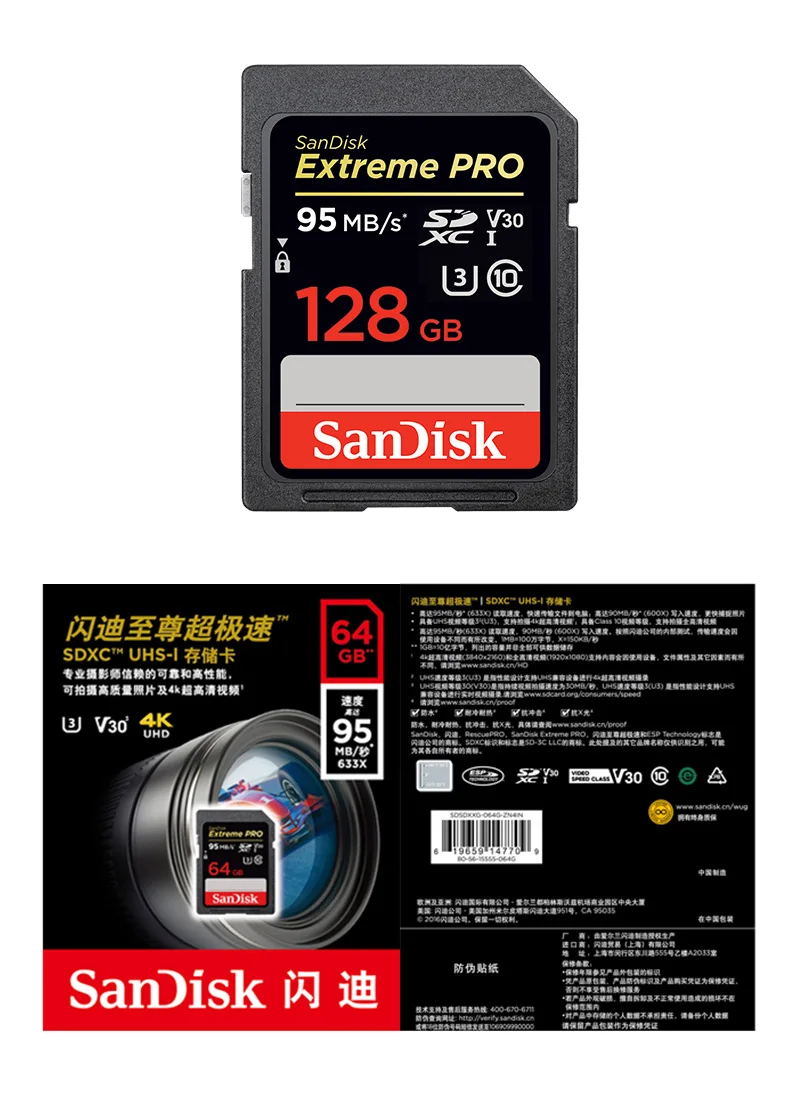 SanDisk Extreme PRO 64 GB 32 GB SD высокоскоростная карта 95 МБ/с. Class 10 карт памяти UHS-I U3 128 ГБ для камера; sd-карта