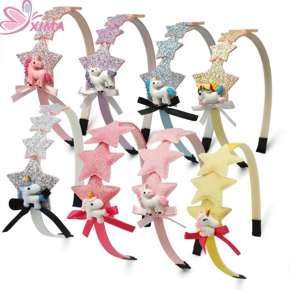 

XIMA 8pcs/lot Unicorn Party Hairband Glitter Stars Hair Band Cartoon Unicorn Headband Princess Hair Hoop Girls Hair Accessories