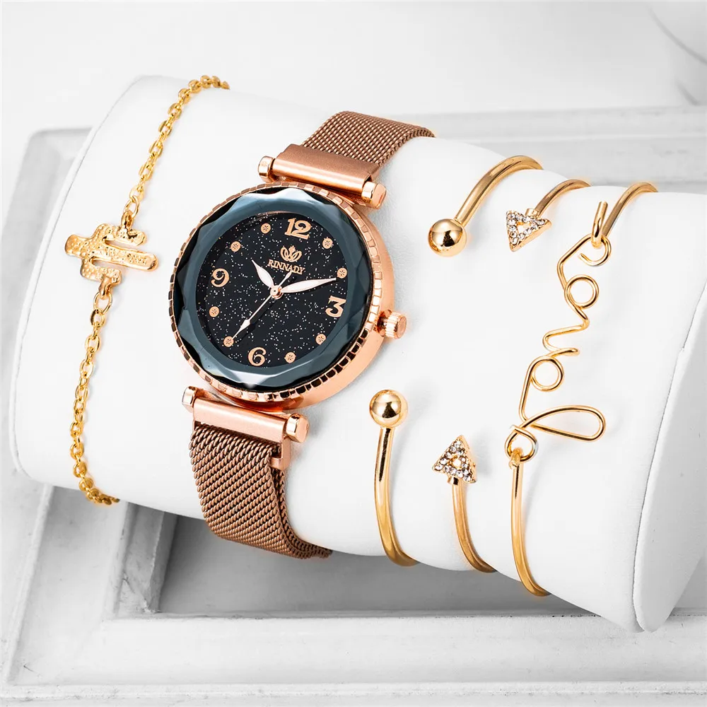 5 pçs marca de luxo senhoras relógios femininos céu estrelado relógio quartzo diamante relógios pulso montre femme relogio feminino 2019